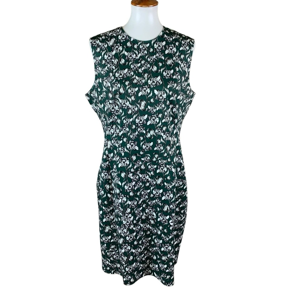 Of Mercer Green Floral Sleeveless Sheath Dress Workwear Stretch‎ Size 14